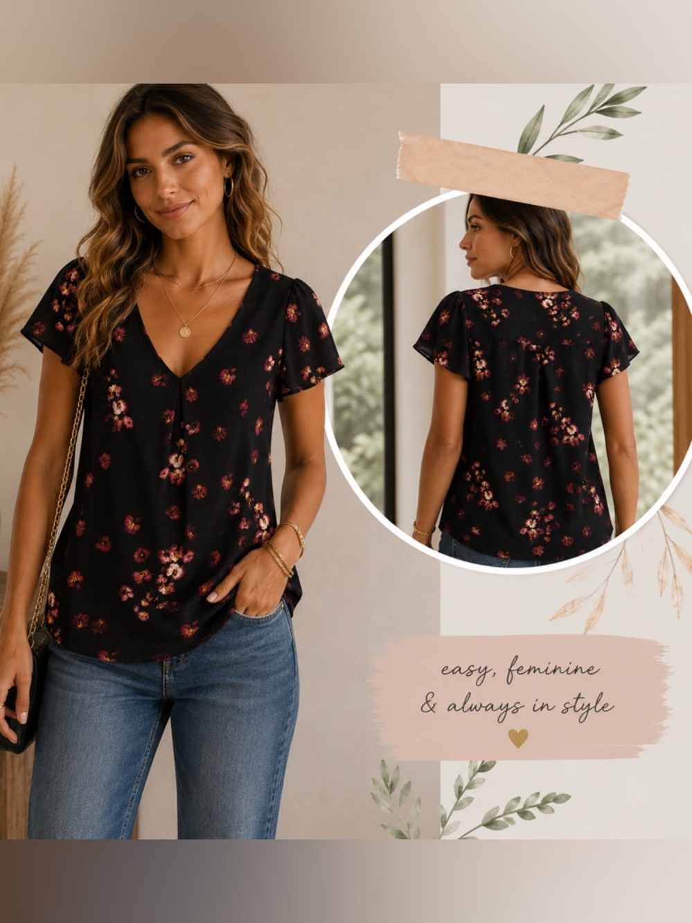 Women's Black Floral V-Neck Short Sleeve Top
